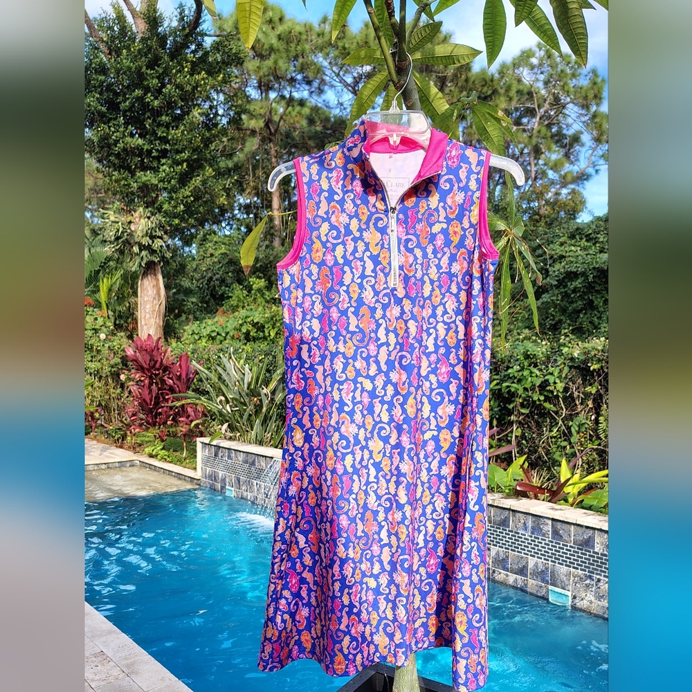 NEW Ana Clare Lexi Swing Sleeveless Dress Womens Sz S Purple, Pink Seahorses - Picture 4 of 6